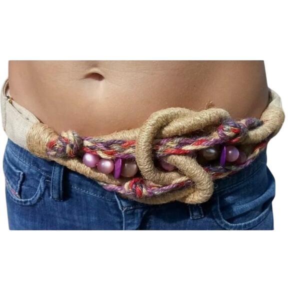 Vintage Carolyn Tanner Designs Braided Jute Beaded Belt – Natural Fibers 24-–32” main image 4